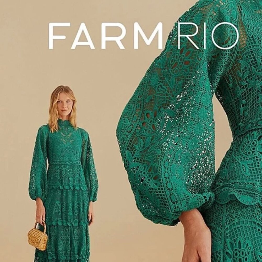 Farm Rio Dark Green Guipure Long Sleeve Maxi Dress